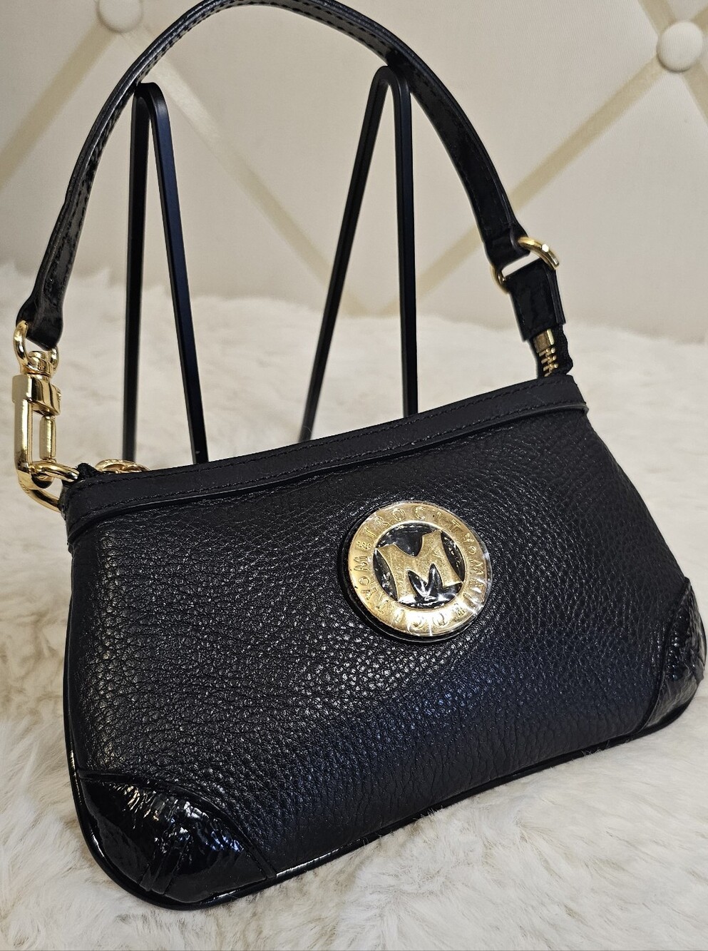 Black Pebbled Leather Wristlet with Gold Accents